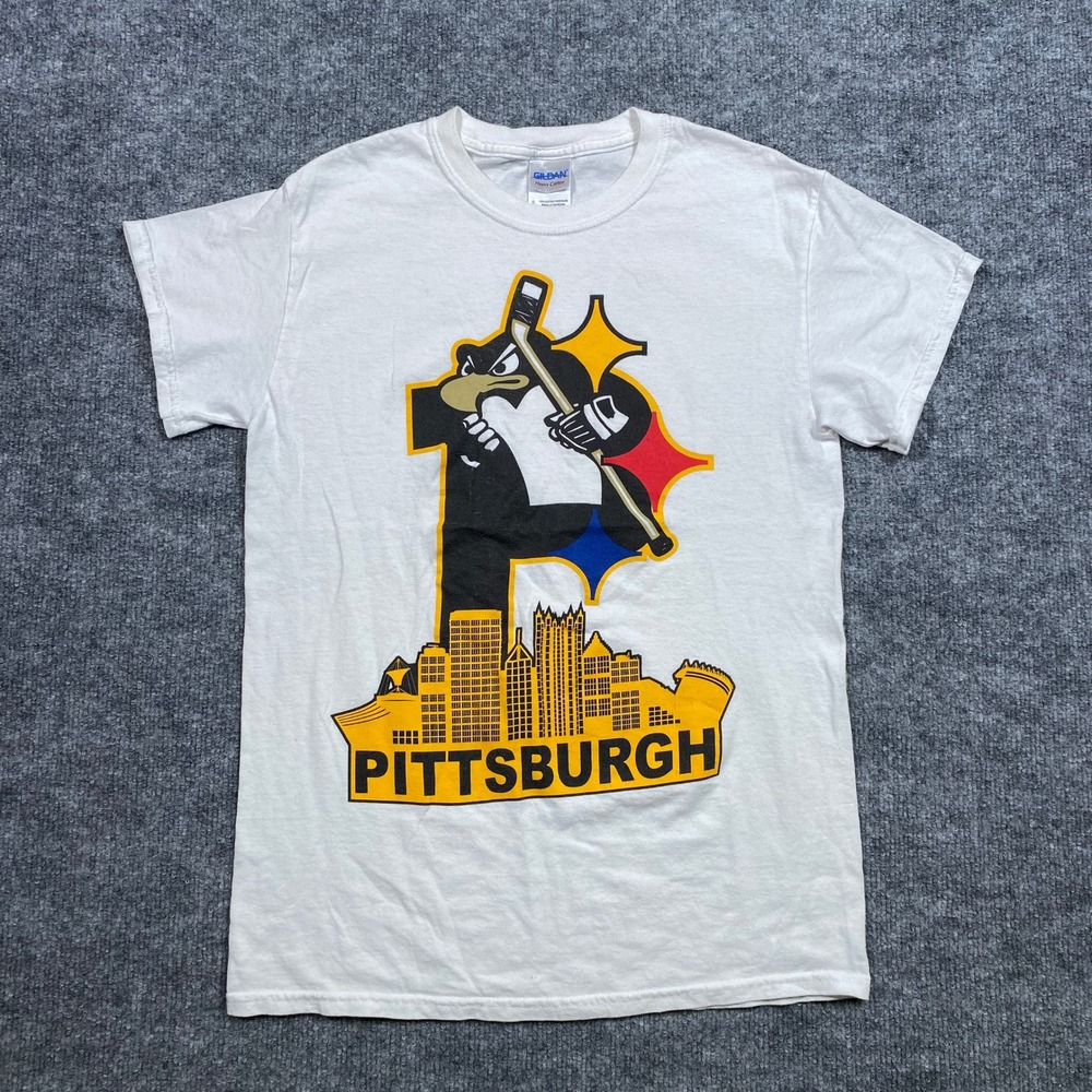 Gildan Pittsburgh Penguins NHL Hockey City Skyline Graphic T-Shirt White Mens S‎